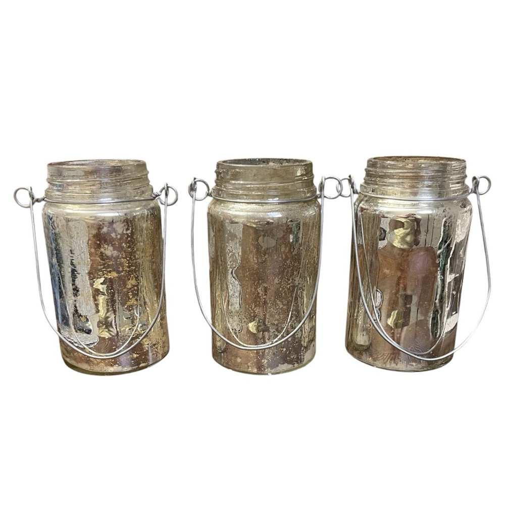 Pottery Barn Mercury Glass Mason Jars with Handles Three For Candles Flo… - Picture 3 of 9